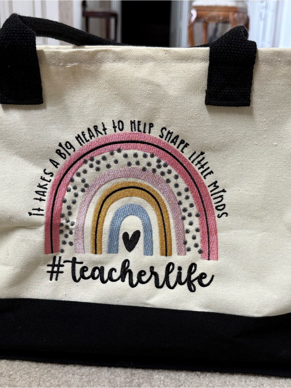Canvas Tote Bag with Pink & Yellow Rainbow Accent